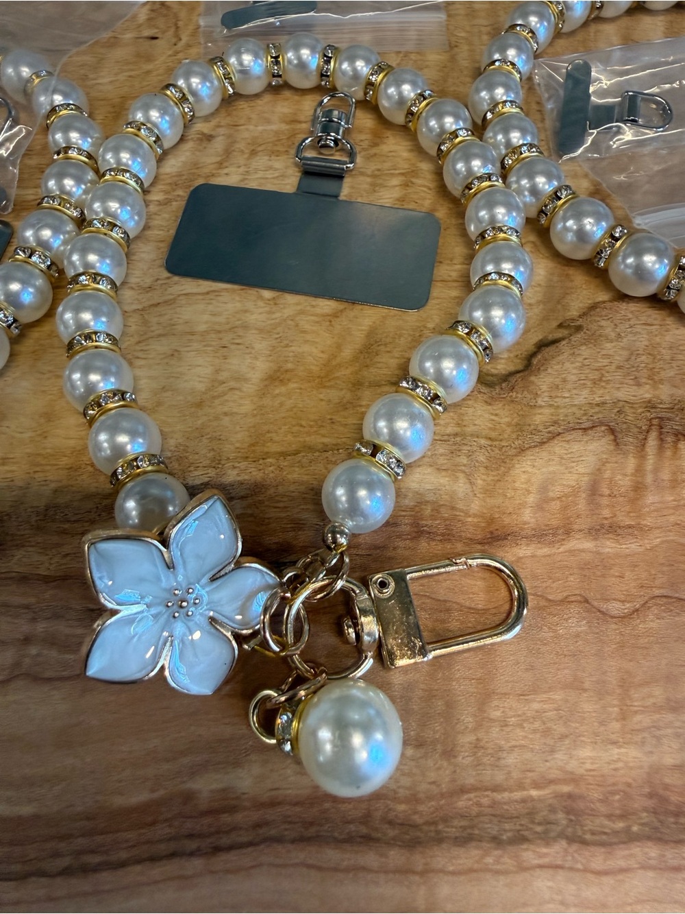 Pearl Beaded Wristlet Phone Charm with Flower Pendant - Pink, White, Black - Picture 3 of 4